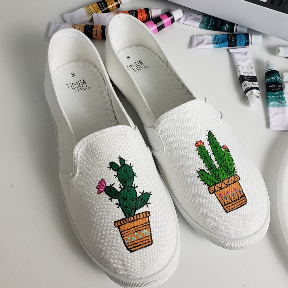 Hand painted cactus shoes slip on canvas size 8